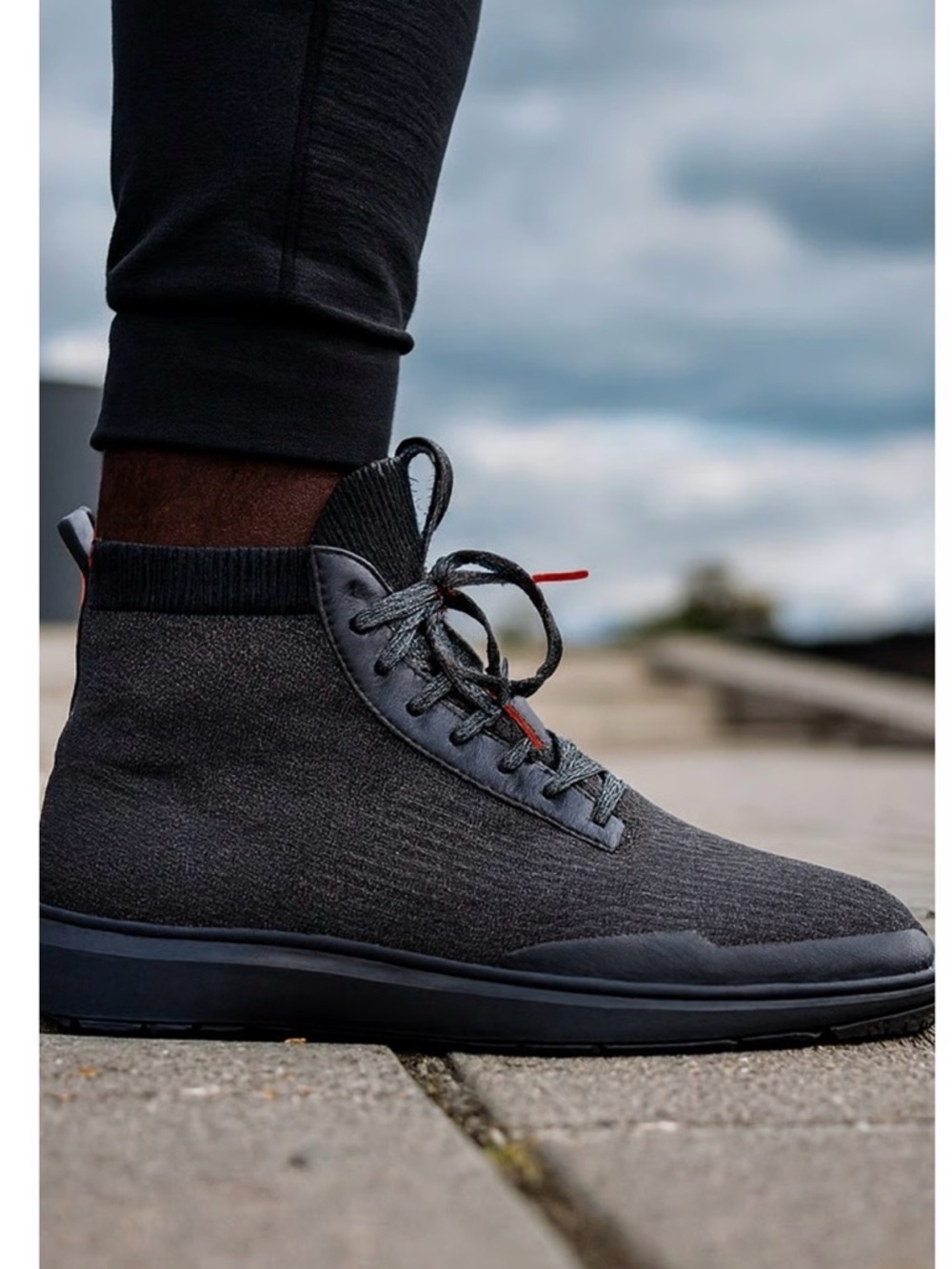 Cole Haan Dark Black Knit High-Top Boot Sneakers with Red Accent